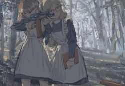 Rule 34 | 2girls, aiming, black eyes, blonde hair, blush, book, brown eyes, brown hair, closed mouth, fingernails, forest, frills, glasses, gun, hjl, holding, holding book, holding gun, holding notebook, holding pen, holding weapon, long hair, maid, multiple girls, nature, notebook, one eye closed, original, outdoors, painterly, pen, sketch, weapon