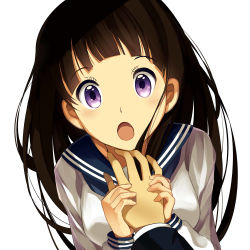 Rule 34 | 10s, 1girl, :o, bison cangshu, black hair, chitanda eru, eyelashes, face, holding hands, highres, hyouka, long hair, looking at viewer, open mouth, pov, pov hands, purple eyes, school uniform, solo focus, white background