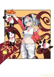 Rule 34 | 1girl, absurdres, animal ears, arknights, arm up, black hair, breasts, chinese commentary, commentary request, cowboy shot, crop top, duck (food), eyes visible through hair, feater (arknights), feater (gourmet) (arknights), food, grin, hair over one eye, hand up, head tilt, highres, holding, holding food, jacket, large breasts, long sleeves, medium hair, midriff, multicolored hair, nail polish, navel, off shoulder, omono, panda, panda ears, pants, parted lips, pink eyes, pink nails, red jacket, shirt, silver hair, smile, solo, standing, stomach, streaked hair, t-shirt, twintails, v, white pants