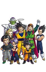 Rule 34 | 1girl, 6+boys, android 18, ankle boots, arm around neck, arms at sides, bandana, belt, black bodysuit, black hair, black shirt, blonde hair, blue eyes, blue wristband, bodysuit, boots, brothers, brown belt, cape, clenched hands, clenched teeth, closed mouth, colored skin, crossed arms, denim, dougi, dragon ball, dragonball z, earrings, eyewear on head, facing viewer, father and son, full body, gloves, green footwear, green skin, grin, halo, hand on another&#039;s head, hands on own hips, height difference, hoop earrings, husband and wife, jeans, jewelry, kuririn, leggings, lineup, looking at viewer, martial arts belt, multiple boys, no eyebrows, open mouth, orange bandana, pants, piccolo, pointy ears, purple hair, red cape, red sweater, serious, shirt, shoes, short hair, siblings, sideways glance, simple background, smile, sneakers, son gohan, son goku, son goten, spiked hair, standing, straight hair, sunglasses, sunglasses on head, sweater, sweatpants, teeth, toriyama akira, trunks (dragon ball), tsurime, turban, vegeta, white background, white cape, white footwear, white gloves, wristband, yellow footwear
