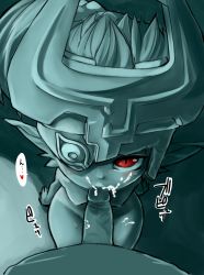 Rule 34 | blush, breasts, cum, cum in mouth, demon girl, facial, fellatio, helmet, highres, kneeling, long hair, looking at viewer, midna, mizone, monster girl, nintendo, nude, one eye covered, oral, penis, pointy ears, ponytail, pov, red eyes, shortstack, small breasts, sweat, the legend of zelda, the legend of zelda: twilight princess, translated, uncensored, wide hips