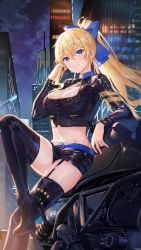 Rule 34 | 1girl, absurdres, ammunition, belt, black footwear, black shirt, black shorts, blonde hair, blue bow, blue eyes, boots, bow, breasts, building, choker, cleavage, cloud, criin (659503), crop top, crossed legs, garter straps, girl cafe gun, hair between eyes, hair bow, hand up, high heel boots, high heels, highres, holding, holding hair, juno emmons, knee up, large breasts, long hair, long sleeves, looking at viewer, midriff, motor vehicle, motorcycle, navel, night, official art, outdoors, ponytail, shirt, short shorts, shorts, sidelocks, skyscraper, smile, solo, stomach, thigh boots, thigh strap, thighhighs, thighs