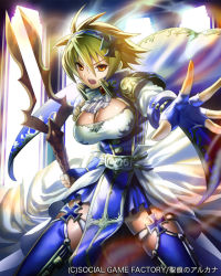 Rule 34 | armor, armored dress, blonde hair, breasts, large breasts, orange eyes, polearm, shouting, spear, weapon