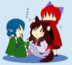 Rule 34 | 3girls, animal ears, bad id, bad pixiv id, blue hair, blush, bow, brooch, brown hair, cape, double dealing character, dress, fang, female focus, fins, frills, hair bow, hand on another&#039;s head, head fins, imaizumi kagerou, japanese clothes, jewelry, long hair, long sleeves, mermaid, monster girl, multiple girls, obi, open mouth, red hair, sash, sekibanki, short hair, skirt, sunshinek, tail, touhou, wakasagihime, wolf ears, wolf tail, | |