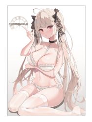 Rule 34 | 1girl, absurdres, ahoge, azur lane, bare arms, bare shoulders, black choker, black nails, bow, bra, breasts, choker, cleavage, formidable (azur lane), hair bow, highres, index finger raised, large breasts, lingerie, long hair, looking at viewer, nail polish, navel, no shoes, panties, red eyes, runa (user guwn7382), side-tie panties, sitting, skindentation, solo, spaghetti strap, stomach, strap slip, string panties, thighhighs, thighs, twintails, underwear, underwear only, very long hair, white bra, white hair, white panties, white thighhighs