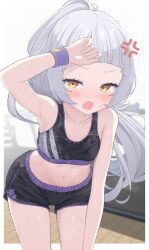 Rule 34 | 1girl, absurdres, anger vein, angry, armpits, blush, collarbone, dolphin shorts, grey hair, highres, hololive, long hair, midriff, murasaki shion, navel, open mouth, ponytail, shorts, solo, sports bra, sweat, sweaty clothes, virtual youtuber, wqooon, wristband, yellow eyes