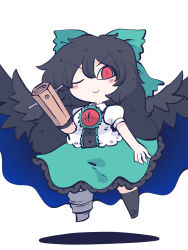 Rule 34 | 1girl, arm cannon, bird wings, black hair, black wings, blush stickers, bow, chahan (fried rice0614), closed mouth, feathered wings, frilled skirt, frills, full body, green bow, green skirt, hair between eyes, hair bow, highres, long hair, one-hour drawing challenge, one eye closed, puffy short sleeves, puffy sleeves, red eyes, reiuji utsuho, shirt, short sleeves, simple background, skirt, smile, solo, third eye, touhou, weapon, white background, white shirt, wings