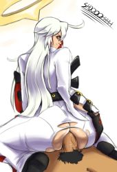 Rule 34 | 1boy, 1girl, ahoge, anal, ass, ass cutout, black gloves, bodysuit, clothed female nude male, clothed sex, clothing cutout, collaboration, spiked halo, girl on top, gloves, guilty gear, guilty gear xrd, halo, hand on ass, hetero, highres, huge ass, jack-o&#039; valentine, long hair, looking back, lordspectrex, male pubic hair, multicolored hair, no panties, nude, penis, pltnm ghost, pubic hair, red eyes, red hair, reverse cowgirl position, sex, sex from behind, simple background, smile, solo focus, straddling, torn bodysuit, torn clothes, two-tone hair, uncensored, white hair