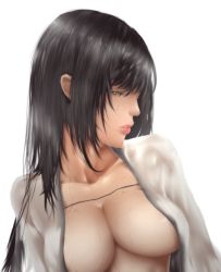 Rule 34 | 1girl, bad id, bad pixiv id, black hair, breasts, cleavage, large breasts, lips, long hair, open clothes, open shirt, original, shirt, solo, viola (seed), wet, yellow eyes