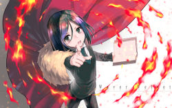 Rule 34 | 1boy, black hair, black necktie, book, cape, character name, fate/zero, fate (series), fire, from above, holding, holding book, index finger raised, looking at viewer, male focus, necktie, open book, open mouth, pointing, pointing at viewer, red cape, short hair, simple background, solo, sweater, tamaki mitsune, teeth, waver velvet, white background