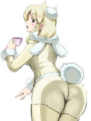 Rule 34 | 10s, :o, alpaca ears, alpaca suri (kemono friends), alpaca tail, animal ears, ass, bad id, bad pixiv id, blonde hair, blue eyes, blush, cup, from behind, fur collar, grey eyes, highres, kemono friends, long sleeves, looking back, neko nami83, open mouth, pantyhose, shorts, simple background, solo, tail, teacup, white background