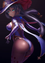 Rule 34 | 1girl, :o, absurdres, aqua eyes, ass, black background, black gloves, black legwear, blush, breasts, brown legwear, earrings, from behind, genshin impact, gloves, hat, highres, jewelry, large breasts, leotard, long hair, long sleeves, looking at viewer, looking back, masatoki, mona (genshin impact), pantyhose, parted lips, print pantyhose, purple hair, purple hat, purple leotard, simple background, solo, sparkle print, thighlet, twintails, very long hair, witch hat