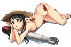Rule 34 | 1girl, bad id, bad pixiv id, bikini, black hair, blush, breasts, brown eyes, butt crack, hair between eyes, hat, kantai collection, long hair, looking at viewer, lying, makio (makiomeigenbot), mikuma (kancolle), on stomach, red bikini, sandals, side-tie bikini bottom, simple background, small breasts, solo, straw hat, sun hat, swimsuit, torpedo, twintails, twitter username, white background