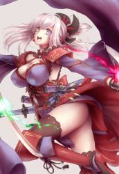 Rule 34 | armpits, ass, asymmetrical hair, blue eyes, breasts, cleavage, detached sleeves, earrings, fate/grand order, fate (series), hair ornament, high heels, highres, japanese clothes, jewelry, jumping, katana, kimono, large breasts, long hair, long sleeves, magatama, miyamoto musashi (fate), navel, open mouth, pink hair, ponytail, sheath, sheathed, solo, sword, thighhighs, thighs, uguisu kagura, unsheathed, weapon