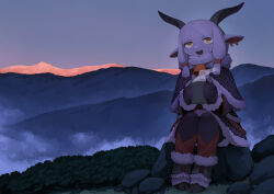 1girl animal_ears bell buck_teeth capelet cowbell cup dawn fog fur-trimmed_capelet fur-trimmed_skirt fur_trim furry furry_female goat_ears goat_girl goat_horns highres holding holding_cup hooves horizontal_pupils horns kamukamu6392 leg_warmers legs_together looking_at_viewer low-tied_sidelocks mountain on_rock original rock scenery sitting skirt solo steam teeth white_hair yellow_eyes