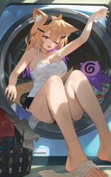 Rule 34 | 1girl, ahoge, animal ears, bare legs, bare shoulders, barefoot, blonde hair, breasts, camisole, cleavage, colored inner hair, feet, hair between eyes, highres, laundromat, laundry, legs, long hair, looking at viewer, medium breasts, multicolored hair, one eye closed, open mouth, purple hair, red eyes, shirt, short shorts, shorts, shyrei faolan, sitting, squchan, toenails, toes, virtual youtuber, vyugen, wet, wet clothes, white shirt