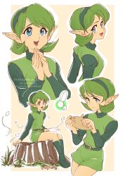 Rule 34 | 1girl, :d, black hair, closed mouth, cowboy shot, cropped torso, fairy, from side, green eyes, green hair, green shorts, highres, long sleeves, looking at viewer, multiple views, nintendo, open mouth, own hands together, pointy ears, saria (zelda), short hair, shorts, sitting, smile, takapon-o-ji, the legend of zelda, the legend of zelda: ocarina of time, tree stump, white background, yellow background