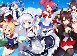 Rule 34 | 6+girls, :d, :t, aged down, akagi-chan (azur lane), animal ears, anniversary, apron, arm up, azur lane, bare shoulders, belfast (azur lane), bell, black gloves, black headwear, black skirt, black thighhighs, blonde hair, blue eyes, blue hair, blue legwear, blue shirt, blue skirt, blue sky, bow, bowtie, braid, brown legwear, cape, clevelad (azur lane), cloud, collarbone, commentary request, criss-cross halter, day, detached collar, dress, elbow gloves, extra ears, fingerless gloves, fox ears, fur trim, gloves, gradient hair, hair bow, hair ornament, hair ribbon, hairclip, halterneck, hands up, haori, hat, hiei-chan (azur lane), holding, holding hair, horns, japanese clothes, jingle bell, kurot, lena (azur lane), li&#039;l sandy (azur lane), little bel (azur lane), long hair, long sleeves, looking at viewer, maid, maid apron, maid headdress, miniskirt, multicolored hair, multiple girls, navel, nontraditional miko, off shoulder, one side up, open mouth, orange eyes, outdoors, pantyhose, parted lips, peaked cap, pink eyes, pleated dress, pleated skirt, pout, red eyes, red hair, red skirt, ribbon, shirt, shoes, short hair, short sleeves, side ponytail, skirt, sky, sleeveless, sleeveless shirt, smile, star (symbol), star print, tears, thighband pantyhose, thighhighs, twintails, uniform, v, waist apron, white cape, white gloves, white hair, white shirt, white skirt, wide sleeves, zeppy (azur lane), zettai ryouiki