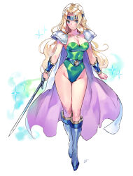 Rule 34 | 1girl, absurdres, armor, blonde hair, blue eyes, blue footwear, blush, boots, breasts, cape, celes chere, cleavage, commentary request, final fantasy, final fantasy vi, full body, green leotard, groin, headband, highres, holding, holding sword, holding weapon, large breasts, leotard, long hair, looking at viewer, matsuda (matsukichi), pauldrons, purple cape, shoulder armor, solo, sparkle, standing, strapless, strapless leotard, sword, thighs, very long hair, weapon