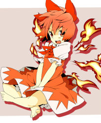 Rule 34 | 1girl, achi cirno, alternate color, alternate costume, alternate element, bad id, bad pixiv id, barefoot, bizarro, cirno, crossed legs, fang, feet, fiery wings, fire, hair ribbon, happy, indian style, la-do, monochrome, oguro (moyashi 2-hon), open mouth, red eyes, red hair, red theme, ribbon, short hair, sitting, smile, solo, touhou, v arms, wings