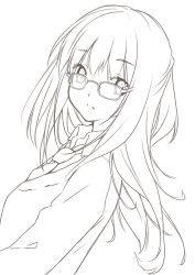 Rule 34 | 1girl, absurdres, dutch angle, glasses, highres, lineart, long hair, looking at viewer, looking back, monochrome, nana mikoto, necktie, original, parted lips, school uniform, solo, transparent background, upper body