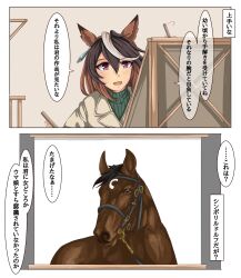 Rule 34 | 1girl, 2koma, animal ears, brown hair, comic, commentary request, creature and personification, earrings, easel, green sweater, hair between eyes, highres, horse, horse ears, horse girl, jewelry, kumamo (ukyo99m), light brown hair, multicolored hair, painting (object), portrait (object), purple eyes, single earring, speech bubble, streaked hair, sweater, symboli rudolf (racehorse), symboli rudolf (umamusume), tadokoro azusa, translation request, umamusume, upper body, voice actor connection