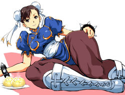 Rule 34 | 1girl, baozi, boots, breasts, brown eyes, brown hair, capcom, china dress, chinese clothes, chun-li, cross-laced footwear, dress, food, hair bun, kamisimo 90, lace-up boots, pantyhose, solo, street fighter, thighs
