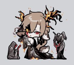 Rule 34 | 1boy, :|, animal ears, antlers, black gloves, black ribbon, black robe, black shawl, blood, bloodborne, bloody tears, brown hair, burning, burnt clothes, capelet, chalice, chibi, closed mouth, coat, colored sclera, cup, deer antlers, deer boy, deer ears, deer tail, from side, full body, gloves, grey background, hair between eyes, hair ribbon, holding, holding cup, horns, laurence the first vicar, long hair, long sleeves, looking at viewer, looking to the side, low ponytail, male focus, mismatched pupils, mismatched sclera, platinum (o0baijin0o), red eyes, ribbon, robe, shawl, simple background, slit pupils, solo, standing, statue, tail, uneven eyes, white capelet, white coat, wide sleeves, yellow sclera