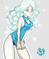 Rule 34 | 10s, 1girl, blush, bubble, chibi, chibi inset, clothes pull, creatures (company), froakie, game freak, gen 6 pokemon, glasses, gloves, highres, lips, long hair, looking at viewer, nibirhu89, nintendo, parted lips, personification, pokemon, pokemon xy, shirt pull, signature, solo, sweatdrop, white hair, yellow eyes