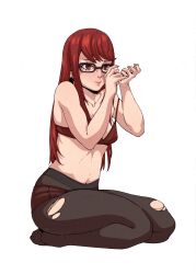 Rule 34 | 1girl, absurdres, black-framed eyewear, black pantyhose, bra, chuckuddin, closed mouth, commentary, fingernails, glasses, highres, lips, long hair, pantyhose, persona, persona 5, persona 5 the royal, pink lips, pink nails, red bra, red eyes, red hair, seiza, simple background, sitting, solo, symbol-only commentary, torn clothes, torn pantyhose, underwear, white background, yoshizawa sumire