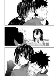 Rule 34 | 1boy, 2girls, annoyed, araido kagiri, blush, comic, flustered, from behind, greyscale, hand on another&#039;s chin, highres, monochrome, multiple girls, original, silent comic, smile, touching another&#039;s chin