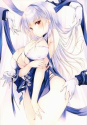 Rule 34 | 1girl, azur lane, blue ribbon, breasts, closed mouth, commentary request, dido (anxious bisque doll) (azur lane), dido (azur lane), fingernails, gloves, large breasts, long hair, looking at viewer, red eyes, ribbon, solo focus, standing, thighs, thingtng (sgma7424), white gloves, white hair
