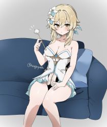 Rule 34 | 1girl, bare shoulders, blonde hair, blush, breasts, cleavage, collarbone, commentary request, couch, cushion, dress, flower, genshin impact, grey background, hair between eyes, hair flower, hair ornament, highres, holding, kuromu shado, lap pillow invitation, looking at viewer, lumine (genshin impact), medium breasts, mimikaki, orange eyes, short hair with long locks, simple background, sitting, solo, strapless, strapless dress, twitter username, white dress, white flower