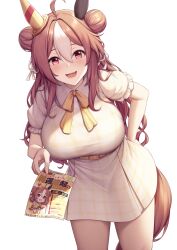 Rule 34 | 1girl, :d, absurdres, ahoge, animal ears, belt, breasts, brown hair, commentary request, copano rickey (umamusume), double bun, dress, fang, hair bun, hair ribbon, highres, holding, holding flyer, horse ears, horse girl, horse tail, kannko bokujou, large breasts, leaning forward, long hair, multicolored hair, open mouth, red eyes, ribbon, short sleeves, simple background, skin fang, smile, solo, standing, streaked hair, tail, two-tone hair, umamusume, white background, white dress, white hair