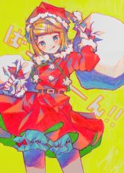 Rule 34 | 1girl, belt, blonde hair, bloomers, blue eyes, blush, christmas, colored pencil (medium), dress, fur-trimmed hood, fur-trimmed sleeves, fur trim, hair ornament, hairclip, hat, holding, holding sack, hood, hooded dress, kagamine rin, krlouvf, long sleeves, parted bangs, pom pom (clothes), sack, santa costume, santa dress, santa hat, short hair, smile, solo, tongue, tongue out, traditional media, translation request, underwear, vocaloid