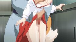 Rule 34 | animal ears, animated, assisted exposure, blue eyes, breasts, breasts out, censored, fox ears, fox tail, groping breast, japanese clothes, kitsune musume no ecchi na oyado, miko, no bra, no panties, orange hair, penis, small breasts, tagme, tail, thigh sex