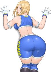Rule 34 | 1girl, against wall, ass, back, bare shoulders, blonde hair, blue eyes, breasts, curvy, dead or alive, from behind, gloves, grin, highres, huge ass, large breasts, legs together, long hair, looking at viewer, looking back, shigenobu, shiny clothes, shiny skin, sideboob, skin tight, smile, solo, sports bra, thighs, tina armstrong, wide hips, wrestling outfit