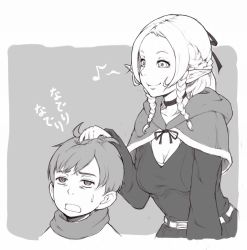 Rule 34 | 1boy, 1girl, breasts, chilchuck tims, choker, cleavage, dungeon meshi, elf, greyscale, headpat, height difference, ina (gokihoihoi), marcille donato, marushiru, medium breasts, monochrome, musical note, pointy ears, quaver, smile, tirchac (dungeon meshi)