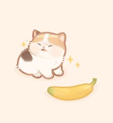 Rule 34 | animal, animal focus, artist name, banana, calico, cat, commentary request, closed eyes, food, fruit, highres, kapebeansies, kitten, lower teeth only, meme, no humans, open mouth, original, photo-referenced, shadow, sharp teeth, simple background, solo, sparkle, teeth, tongue