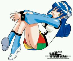 Rule 34 | 1girl, blue hair, full body, long hair, looking at viewer, os-tan, personification, product girl, simple background, skirt, solo, steepled fingers, white background, winchan, yellow eyes, yoshizaki mine
