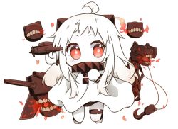 Rule 34 | 10s, 1girl, abyssal ship, ahoge, aircraft, airplane, black panties, chibi, colored skin, covered mouth, dress, holding, horns, kantai collection, long hair, looking at viewer, machinery, mittens, nipeira, northern ocean princess, panties, red eyes, simple background, solo, turret, underwear, white background, white dress, white hair, white skin
