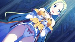 Rule 34 | 1girl, bare shoulders, blue eyes, blush, braid, breasts, cameltoe, cccpo, cleavage, clothes lift, dress, dress lift, elbow gloves, elf, forest, game cg, gloves, green hair, large breasts, legs, long hair, looking at viewer, nature, open mouth, panties, pointy ears, sekai wo sukuu dake no kantan na oshigoto, solo, standing, thighs, tree, underwear
