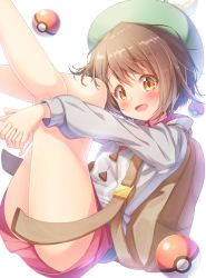 Rule 34 | 1girl, :d, blush, brown eyes, brown hair, collared shirt, commentary request, creatures (company), game freak, gloria (pokemon), green hat, grey jacket, hair between eyes, hat, head tilt, hugging own legs, interlocked fingers, jacket, legs up, long sleeves, looking at viewer, matokechi, nintendo, open mouth, own hands together, poke ball, poke ball (basic), pokemon, pokemon swsh, puffy long sleeves, puffy sleeves, red shirt, red skirt, shirt, simple background, skirt, smile, solo, tam o&#039; shanter, white background