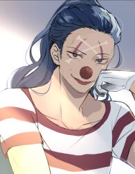 Rule 34 | 1boy, blue eyes, blue hair, buggy the clown, chiyu (cotoritori), commentary request, gloves, hand on own cheek, hand on own face, looking at viewer, male focus, one piece, ponytail, red nose, shirt, solo, striped clothes, striped shirt, upper body, white gloves