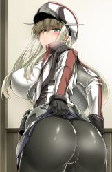 Rule 34 | 1girl, ass, black gloves, black pantyhose, blonde hair, blush, breasts, capelet, closed mouth, clothes lift, commentary request, covered erect nipples, curvy, from behind, gloves, graf zeppelin (kancolle), green eyes, hair between eyes, hat, highres, indoors, jacket, kantai collection, large breasts, lifted by self, long hair, looking at viewer, looking back, machinery, military, military hat, military uniform, pantyhose, peaked cap, saizu nitou gunsou, sidelocks, skirt, skirt lift, smile, solo, uniform, white hat