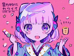 Rule 34 | 1girl, :d, blue kimono, blunt bangs, blush, commentary request, cone hair bun, cup, dango, dated, double bun, food, hair bun, hands up, headphones, highres, holding, holding food, japanese clothes, kiato, kimono, long sleeves, looking at viewer, open mouth, original, pink background, pink hair, purple eyes, purple hair, sanshoku dango, short hair, smile, solo, upper body, wagashi, wide sleeves, yunomi