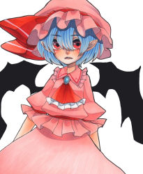 Rule 34 | 1girl, absurdres, bad id, bad pixiv id, bat wings, blue hair, brooch, ascot, dress, fang, frills, ginsoda, hat, highres, jewelry, mob cap, pink dress, pointy ears, red eyes, remilia scarlet, short hair, simple background, touhou, wings