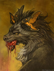 Rule 34 | aogachou, black hair, blood, dripping, eating, fangs, fantasy, guro, mouth hold, no humans, solo, wolf, yellow eyes