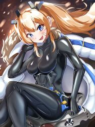 Rule 34 | 1girl, absurdres, armored bodysuit, bandaid, bandaid on cheek, bandaid on face, black bodysuit, blonde hair, blue eyes, bodysuit, breasts, fang, goddess of victory: nikke, highres, laplace (nikke), long hair, looking at viewer, medium breasts, open mouth, sidelocks, skin tight, solo, timosan, twintails