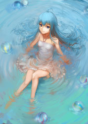 Rule 34 | 10s, 1girl, ahoge, bare legs, bare shoulders, blue eyes, blue hair, bubble, charimei, denpa onna to seishun otoko, dress, from above, legs, long hair, looking up, matching hair/eyes, sitting, skirt, solo, submerged, sundress, touwa erio, water, wet, wet clothes, white skirt